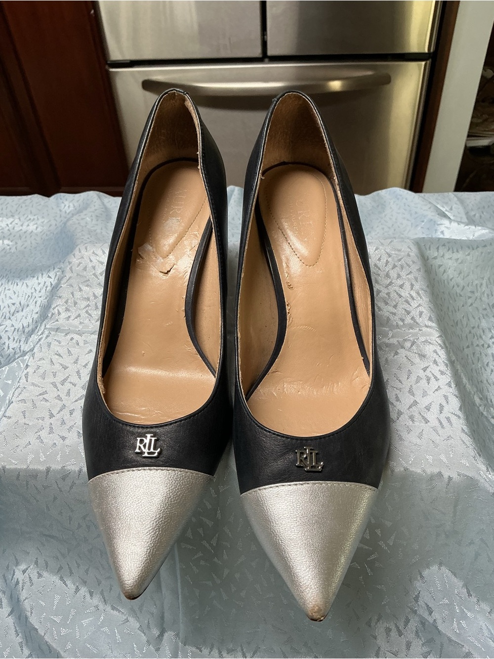 Ralph Lauren Black Leather Pointed Pumps with Silver Cap Toe